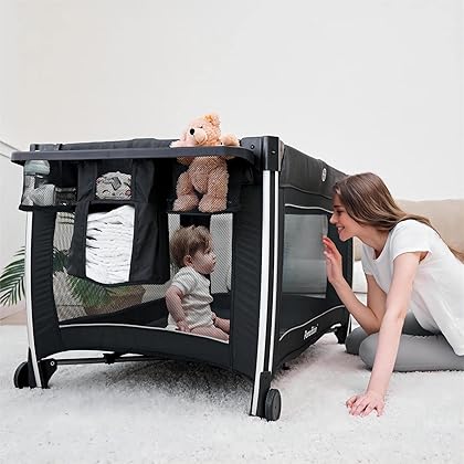 Pamo Babe 4 in 1 Portable Baby Crib Deluxe Nursery Center, Foldable Travel Playard with Bassinet, Mattress, Changing Table for Newborn, Infant, Toddler(Black)