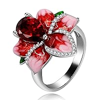 Girl's Beautiful Red Enamel Rose Ring for Women Blossom Flower Rings with Pear Cut Cubic Zirconia Cocktail Summer Ring RA627