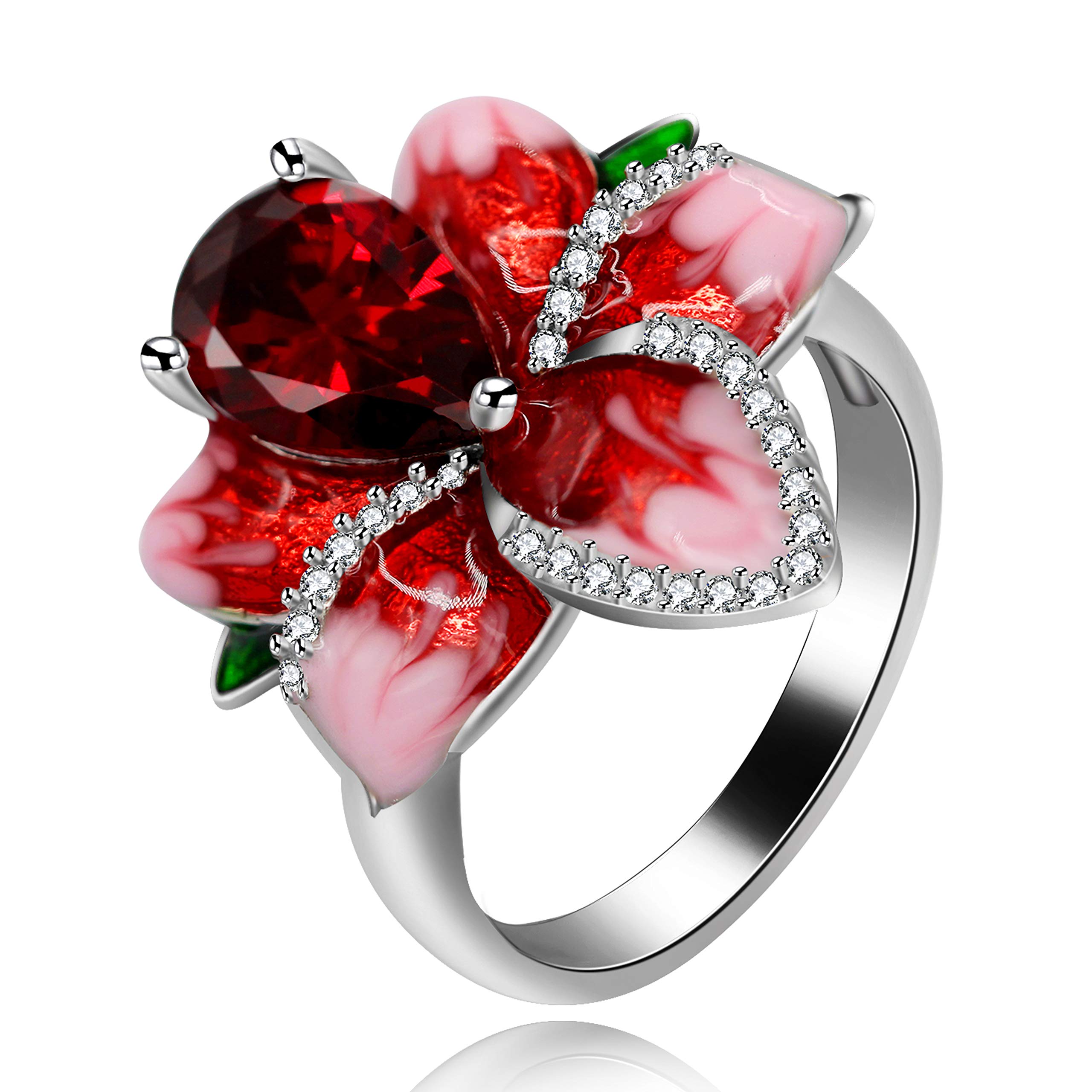 Uloveido Girl's Beautiful Red Enamel Rose Ring for Women Blossom Flower Rings with Pear Cut Cubic Zirconia Cocktail Summer Ring RA627