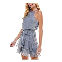 Womens Gray Metallic Belted Back Keyhole Tiered Skirt Sleeveless Halter Short Party Fit + Flare Dress Juniors L