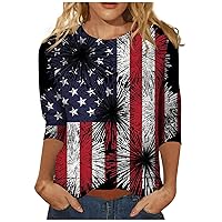 4th of July 3/4 Sleeve Shirts for Women Casual Plus Size Summer Tops 2024 Trendy Flag Graphic tees Crewneck Blouses