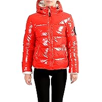 Women's Red Hooded Reversible Sherpa Logo Print Zip Up Parka Jacket Sz US L IT 44