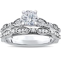 P3 POMPEII3 1 ct Vintage Diamond Engagement Ring & Matching Wedding Band Set 14k White Gold