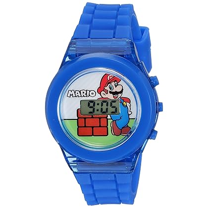 Accutime Super Mario Nintendo Boys' Quartz Digital Kids Watch - 17mm Dial LCD Display, Included LED Flashing Lights, Blue Silicon Plastic Band