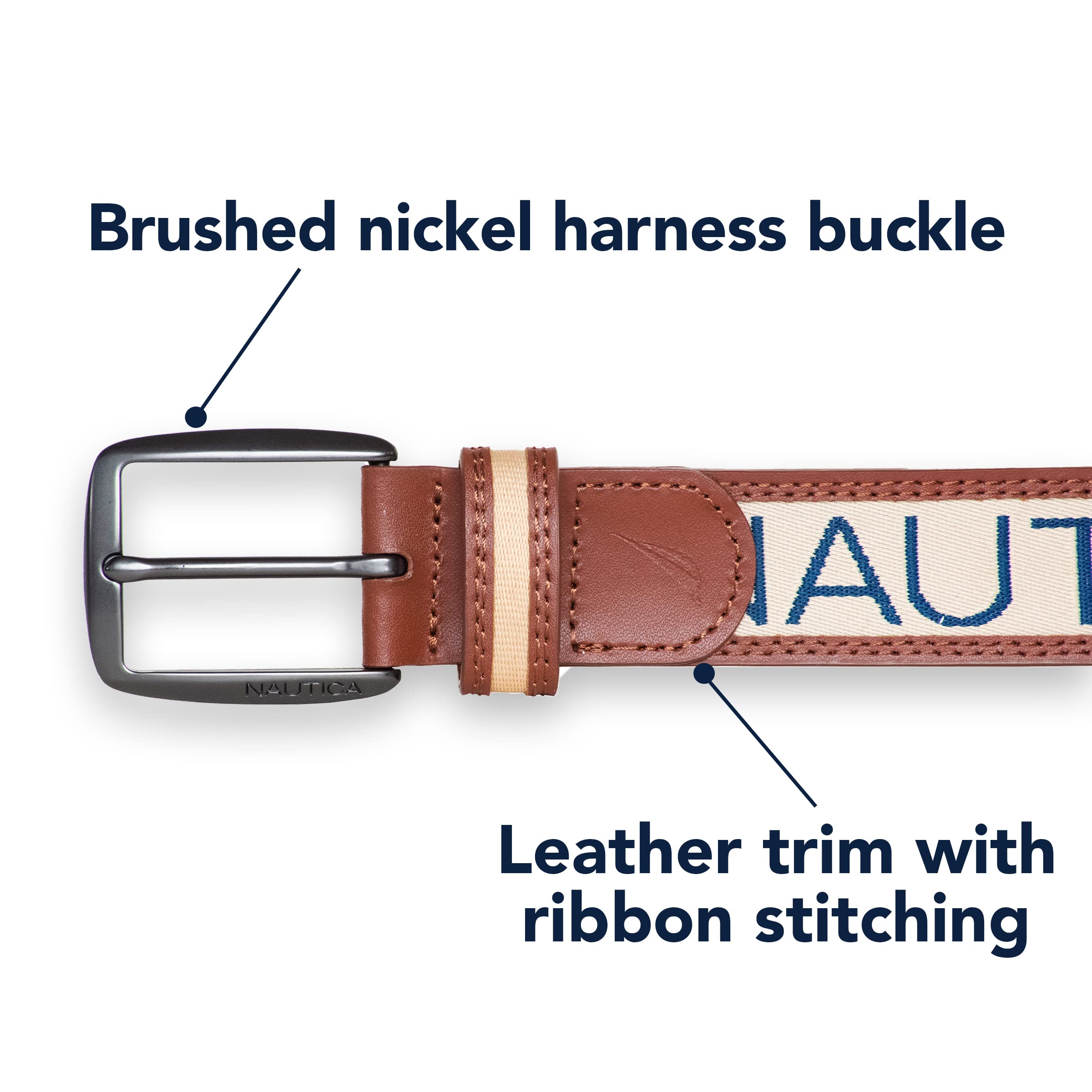 Nautica Men's Signature Logo Ribbon with Leather Trim Belt