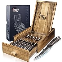 Steak Knives Set Of 6 With Drawer Organizer, 4.8 Inch High-Carbon Japanese Style Non-serrated Meat Knife With Wenge Handle, Damascus Pattern Full Tang Design, Razor-Sharp Dinner Knives