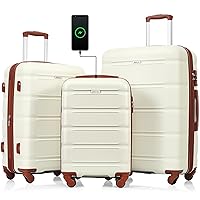 Merax Luggage 3 Pcs Sets, ABS Hardside Suitcases with Spinner Wheels Lightweight TSA Lock, Beige Brown, 20/24/28 Inch