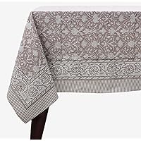 Ridhi Taupe 72x190 Inches Rectangle Indian Hand Block Floral Printed Pure Cotton Cloth Tablecloth, Farmhouse Outdoor Wedding Restaurant Party Home Spring Fall