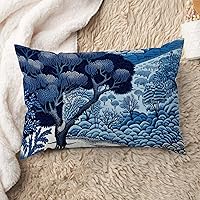 ArogGeld Indigo Blue and White Indigo Scenic Throw Pillow Asian Dynasty Royal Blue Chinoiserie Decorative Cushion Covers Japanese Asian Style Lumbar Pillow Cover Case for Bedroom 16x24in