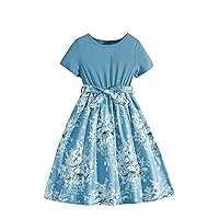 OYOANGLE Girl's Summer Casual Dress Short Sleeve Bow Belted A-Line High Waist Smocked Short Dress