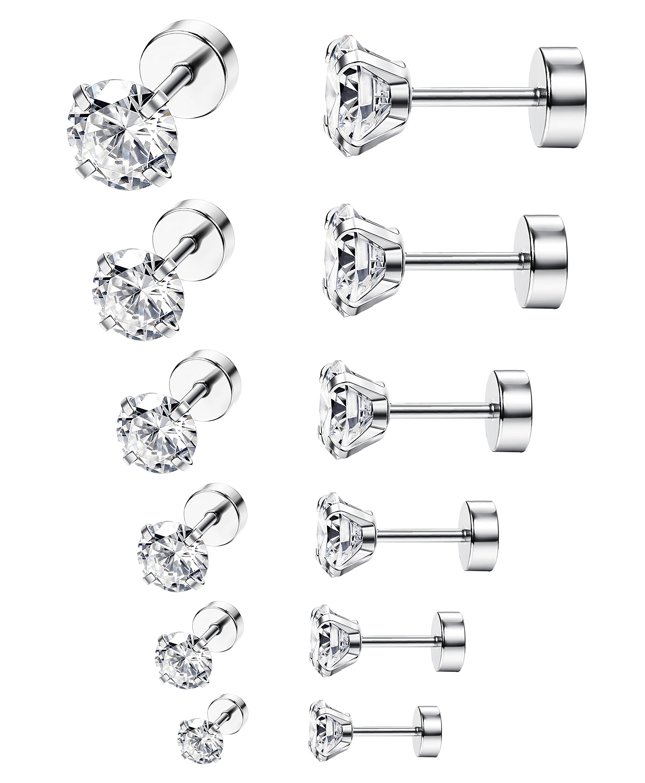ORAZIO 6-8 Pairs 18G Stainless Steel Ear Stud Piercing Barbell Studs Earrings Round Cubic Zirconia Inlaid Cartilage Earring