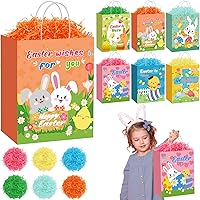 36 Pcs Large Easter Gift Bags 13 Inch Bunny Paper Treat Candy Bags with Handles and Raffia Grass Easter Rabbit Egg Hunts Tote Bags for Kids Egg Hunt Happy Easter Decoration Party Favor