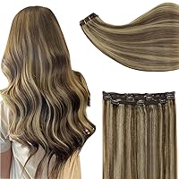Full Shine 12 Inch Short Clip in Hair Extensions Human Hair Full Head Medium Brown With Blonde Highlights Hair Clip Extensions Lacer Double Weft Straight Hair Clip ins 3Pcs 60Grams