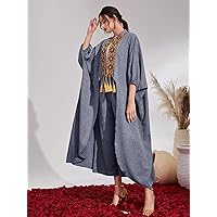 Floral Embroidery Tassel Tie Batwing Sleeve Open Front Coat & Pants (Color : Dusty Blue, Size : Medium)