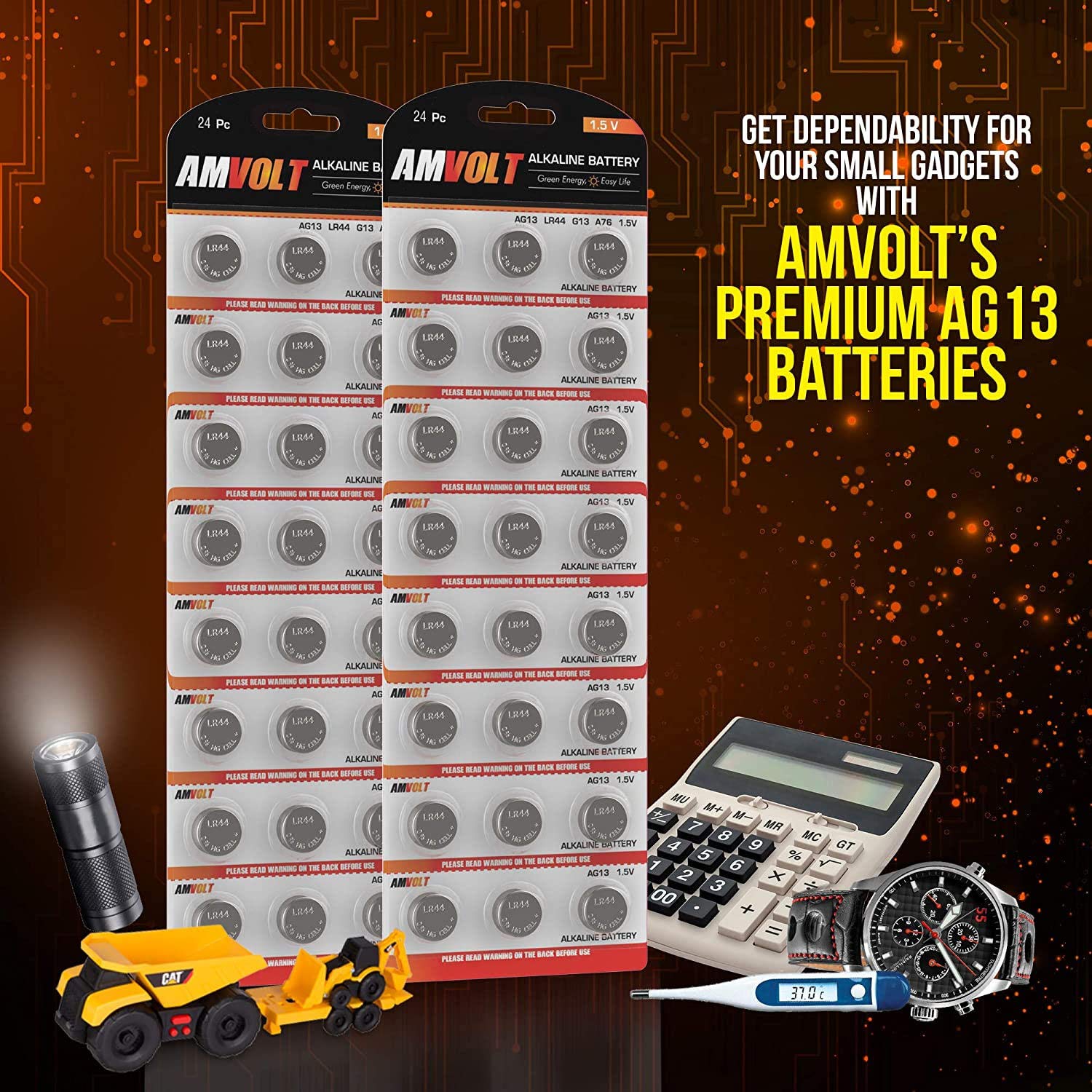 AmVolt- Pack of 24 LR44 Batteries AG13 SR44 357 303 Premium Alkaline Non Rechargeable Button Battery, 1.5 Volt Small Batteries for Watches Clocks & Electronic Devices