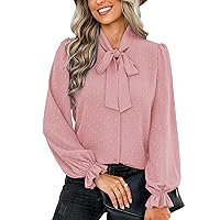 ACEVOG Womens Bow Tie Shirt Lantern Sleeve Swiss Dot Blouse Button Up Ruffle Tops