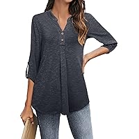Messic Women's 3/4 Cuffed Sleeve Shirt Casual V Neck Pleated Flowy Henley Tunic Tops