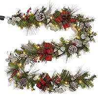 9 FT Christmas Garland, Lighted Christmas Garland with 30 LEDs, Battery Operated 8 Lighting Modes, Prelit Xmas Garlands with Pine Cones, Red Berries, Plaid Bow, Forest Color