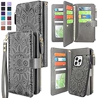 Harryshell Compatible with iPhone 14 Pro 6.1 inch 5G 2022 Wallet Case Detachable Magnetic Cover Zipper Cash Pocket Multi Card Slots Holder Wrist Strap Lanyard (Floral Gray)