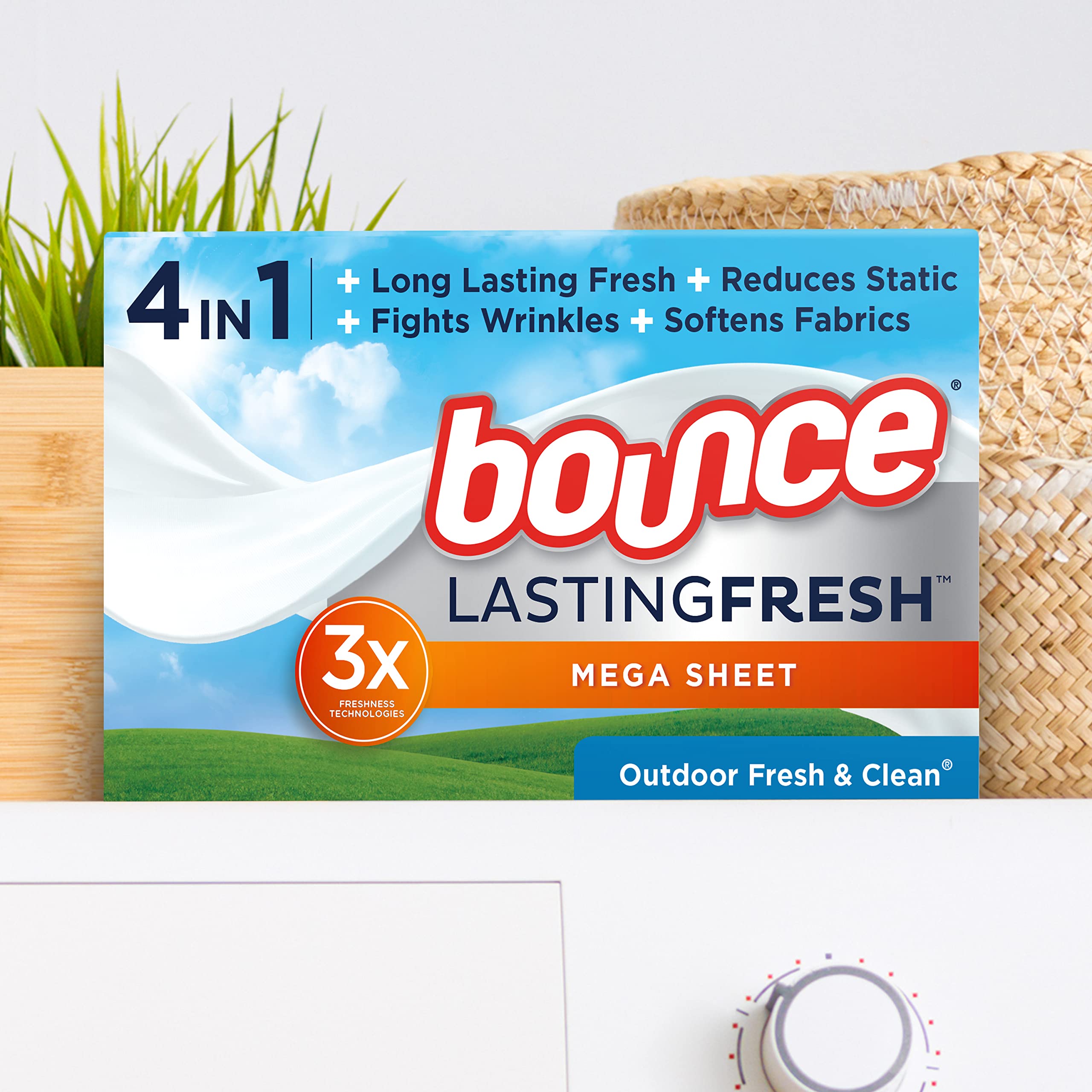 Bounce Lasting Fresh Mega Fabric Softener Dryer Sheets, Outdoor Fresh & Clean for Long Lasting Freshness, 180ct