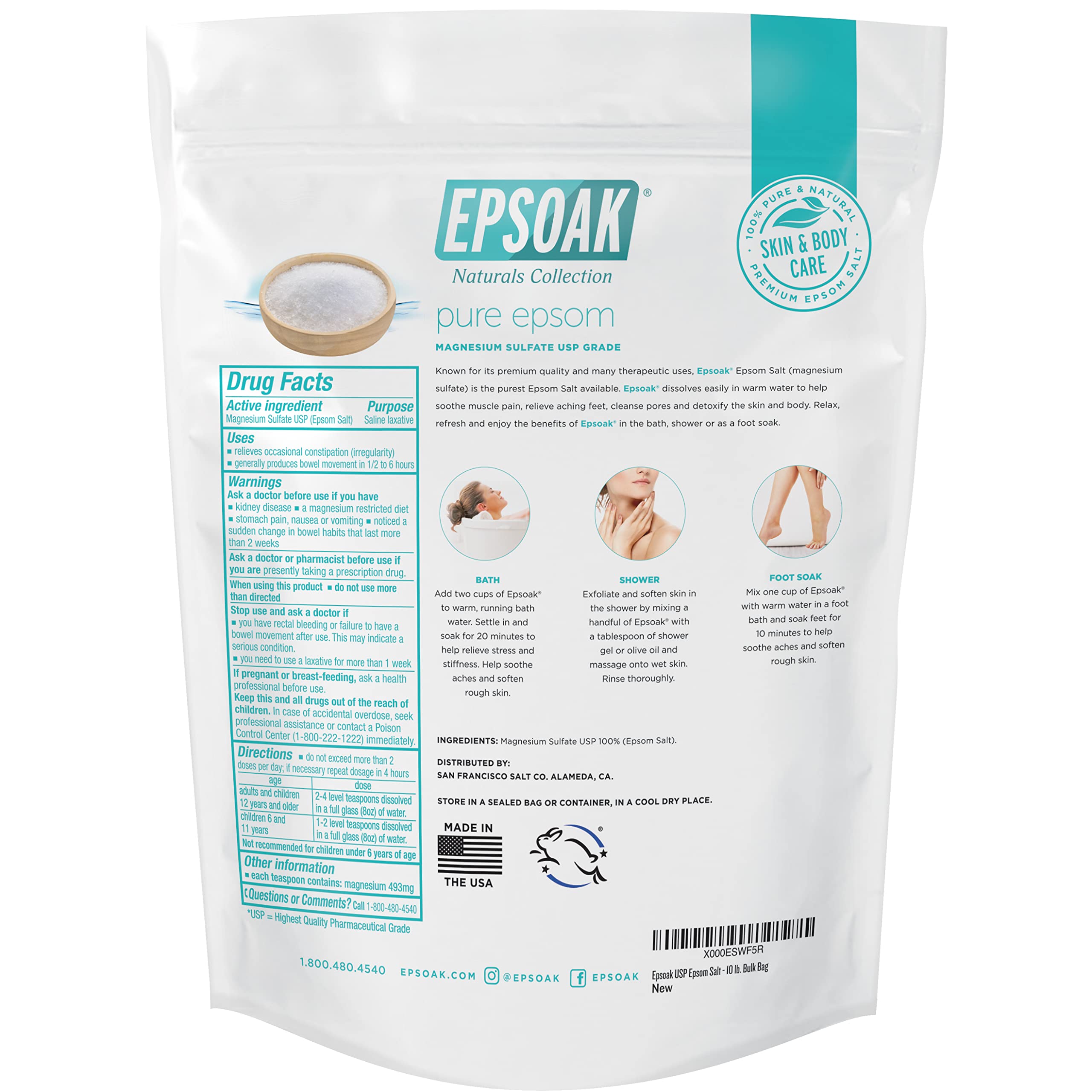 Epsoak Epsom Salt 10 Pound Bulk Bag Magnesium Sulfate USP