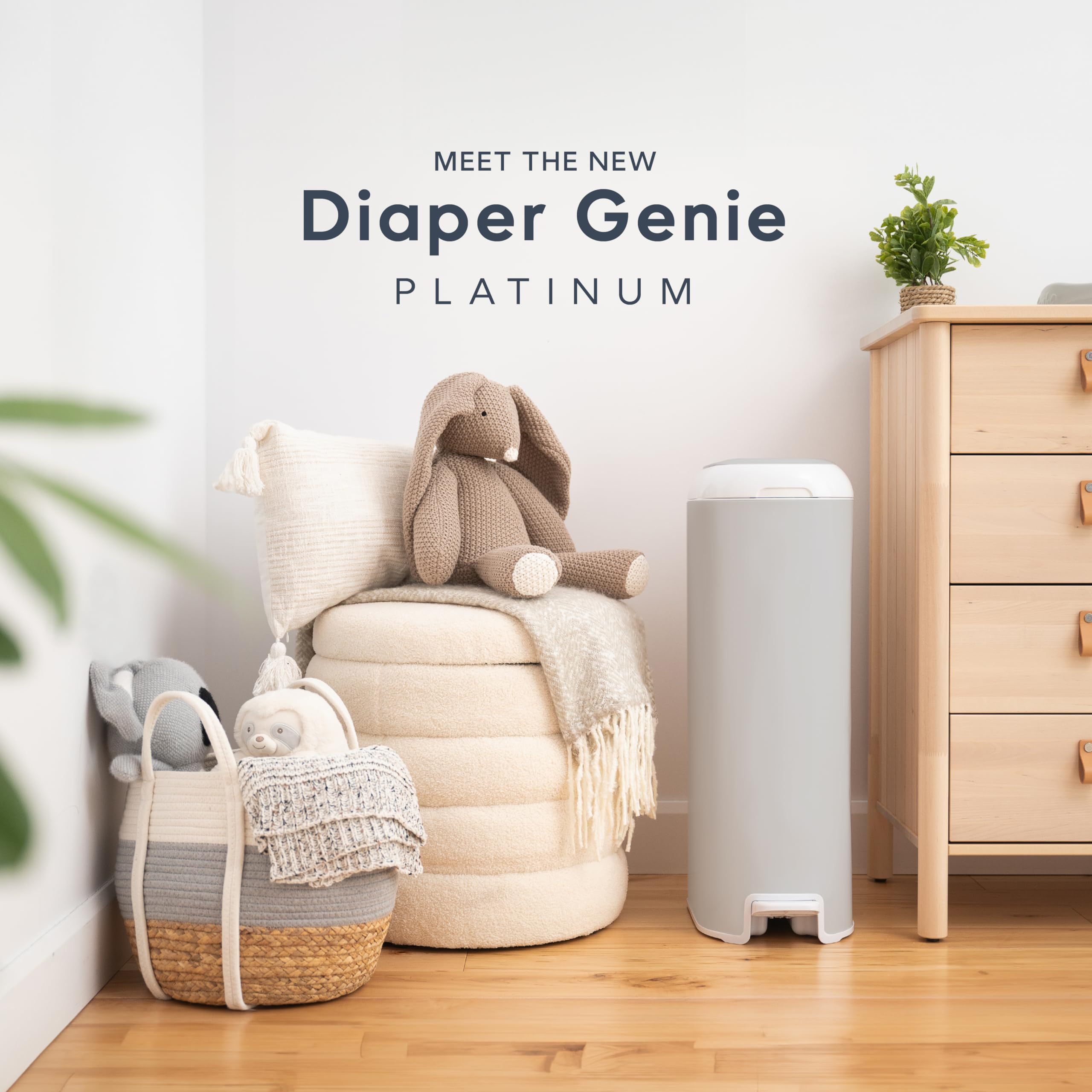 Diaper Genie Platinum Pail (Stone Grey) is Made in Durable Stainless Steel and Includes 1 Easy Roll Refill with 18 Bags That can Last up to 5 Months.