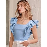 Women's T-Shirt Ruffle Trim Square Neck Tee T-Shirt for Women (Color : Baby Blue, Size : X-Small)