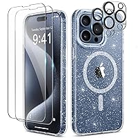 Compatible with iPhone 15 Pro Max Case Glitter Clear, [Compatible with Magsafe], with 2X Screen Protector + 2X Camera Lens Protector, Bling Shockproof Slim Phone Case 6.7 Inch, Shiny Clear