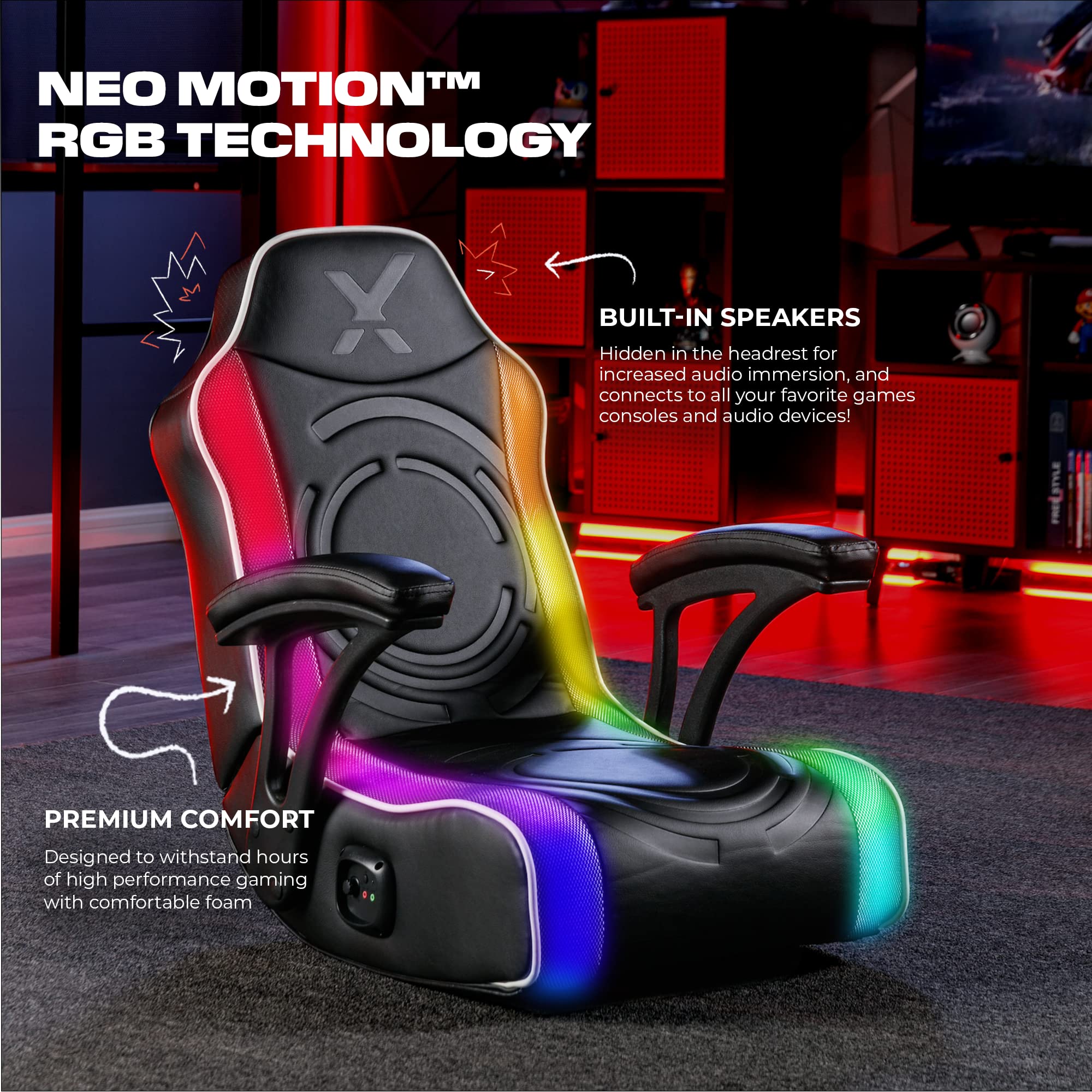 X Rocker Emerald RGB LED Floor Gaming Chair, Headrest Mounted Speakers, 2.0 Wired Audio System, 5110701, 30.3
