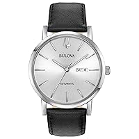 Bulova Men's Classic American Clipper 3-Hand Automatic Leather Strap Watch, Day Date Calendar, 40 Hour Power Reserve, Exhibition Case Back, 42mm