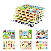 Wooden Puzzles for Toddlers 1-3 6 Pack Alphabet Puzzles with Knobs Number Puzzles for Kids with Wire Puzzle Holder Rack Chunky ABC Puzzle Board Shape Puzzles for preschool Boys and Girls-Birthday Gift