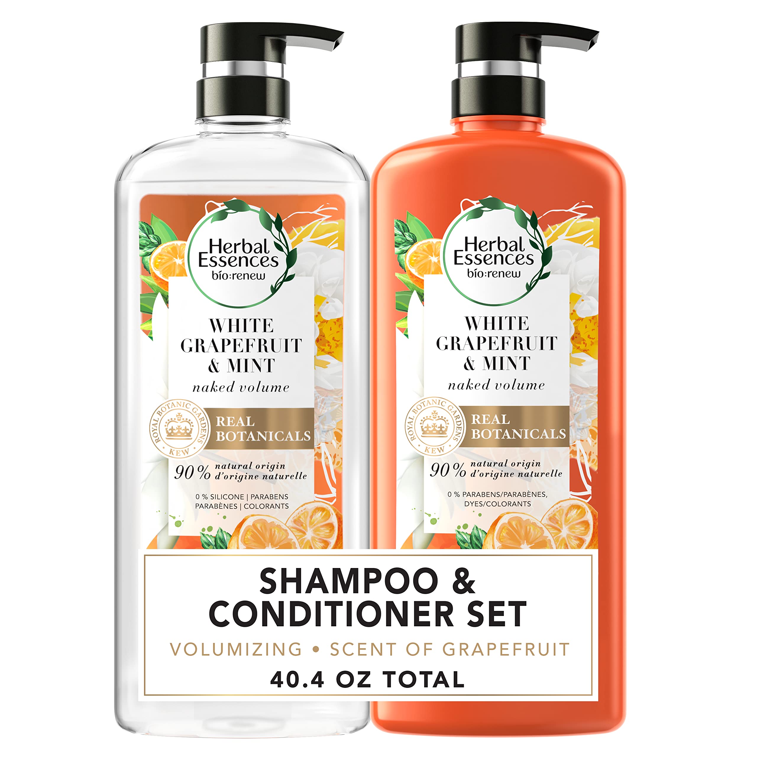 Herbal Essences, Volume Shampoo & Conditioner Kit with Natural Source Ingredients, For Fine Hair, Color Safe, Bio Renew White Grapefruit & Mosa Mint Naked Volume, 20.2 fl oz, Kit