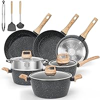 Pots and Pans Set, 13 Pcs Kitchen Cookware Sets Black Granite Induction Cookware Nonstick Cooking Set with Frying Pans, Saucepans, Steamer Silicone Shovel Spoon & Tongs (PFOS, PFOA Free)