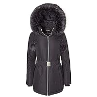 Sportoli Women's Down Alternative Long Belted Puffer Coat with Fur Trim Detachable Hood