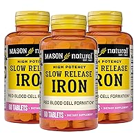 Slow Release Iron (Ferrous Sulfate) - Supports Red Blood Cell Formation, Gentle on Stomach, High Potency Iron Supplement, 60 Tablets (Pack of 3)
