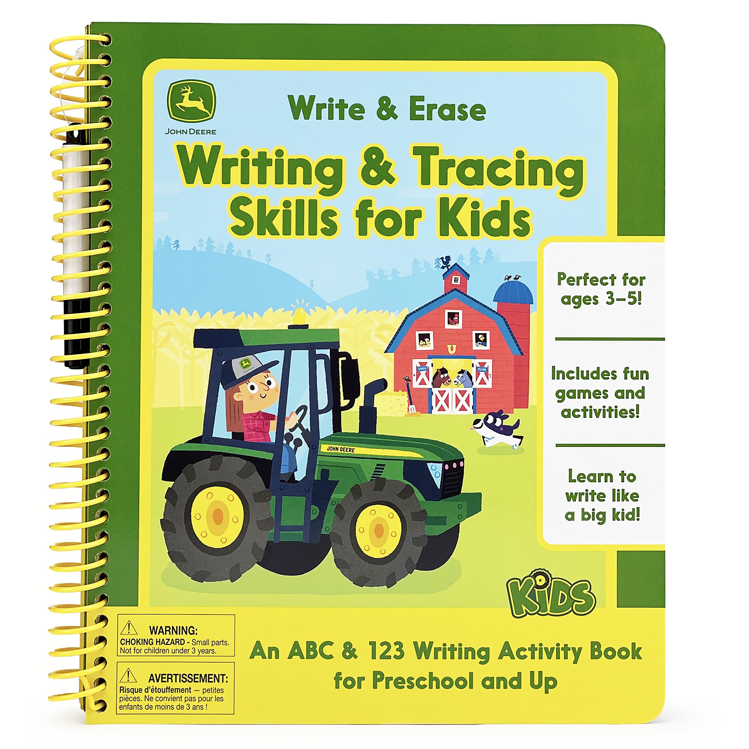 John Deere Kids Wipe Clean Writing & Tracing Workbook Skills for Preschool Kids Ages 3 - 5: Practice Pen Control, ABC's, Numbers, Handwriting, Wipe Off Pen and Stickers Included!