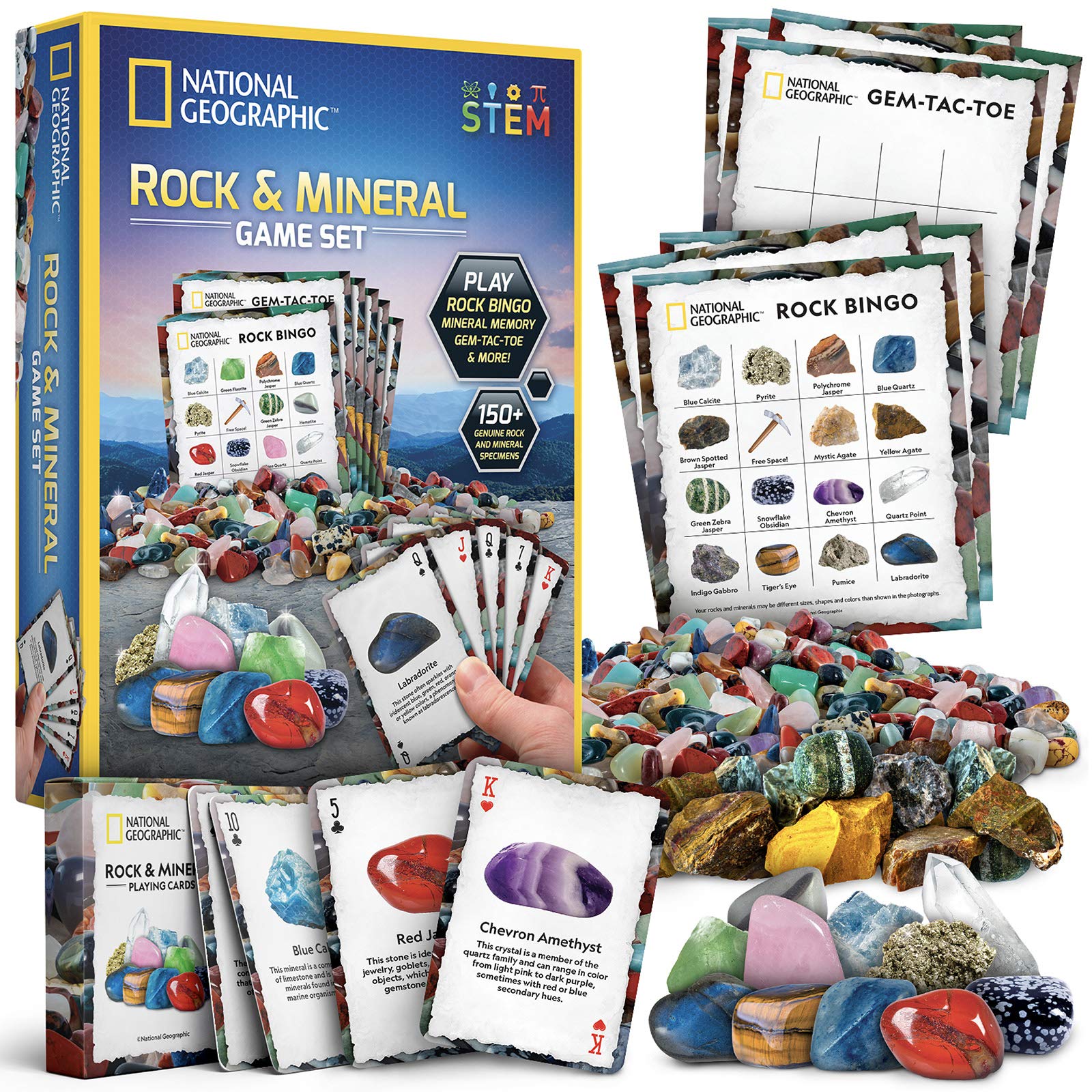 NATIONAL GEOGRAPHIC Rock Bingo Game - Play Rock Bingo, Mineral Memory, Gemstone Trivia, & Card Games, Collection Includes Over 150 Rocks and Minerals, Educational STEM Toy for Kids (Amazon Exclusive)