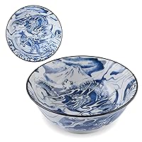 Mino Ware Japanese Wide Mouth Ceramic Bowl, Udon Ramen Noodle Soup Bowl, Dragon Design, Blue