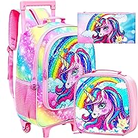 3PCS Rolling Backpack for Girls, Kids Unicorn Roller Bookbag with Wheels, Wheeled School Bag Set for Elementary -Rainbow