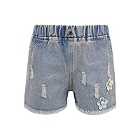 TiaoBug Kids Girls Cute Flower Ripped Casual Denim Shorts Elastic Waist Frayed Raw Hem Distressed Jeans Shorts