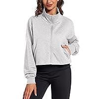 PEHMEA Womens Casual Zip Up Sweatshirt Long Sleeve Stand Collar Drawstring Hem Cropped Sport Jackets