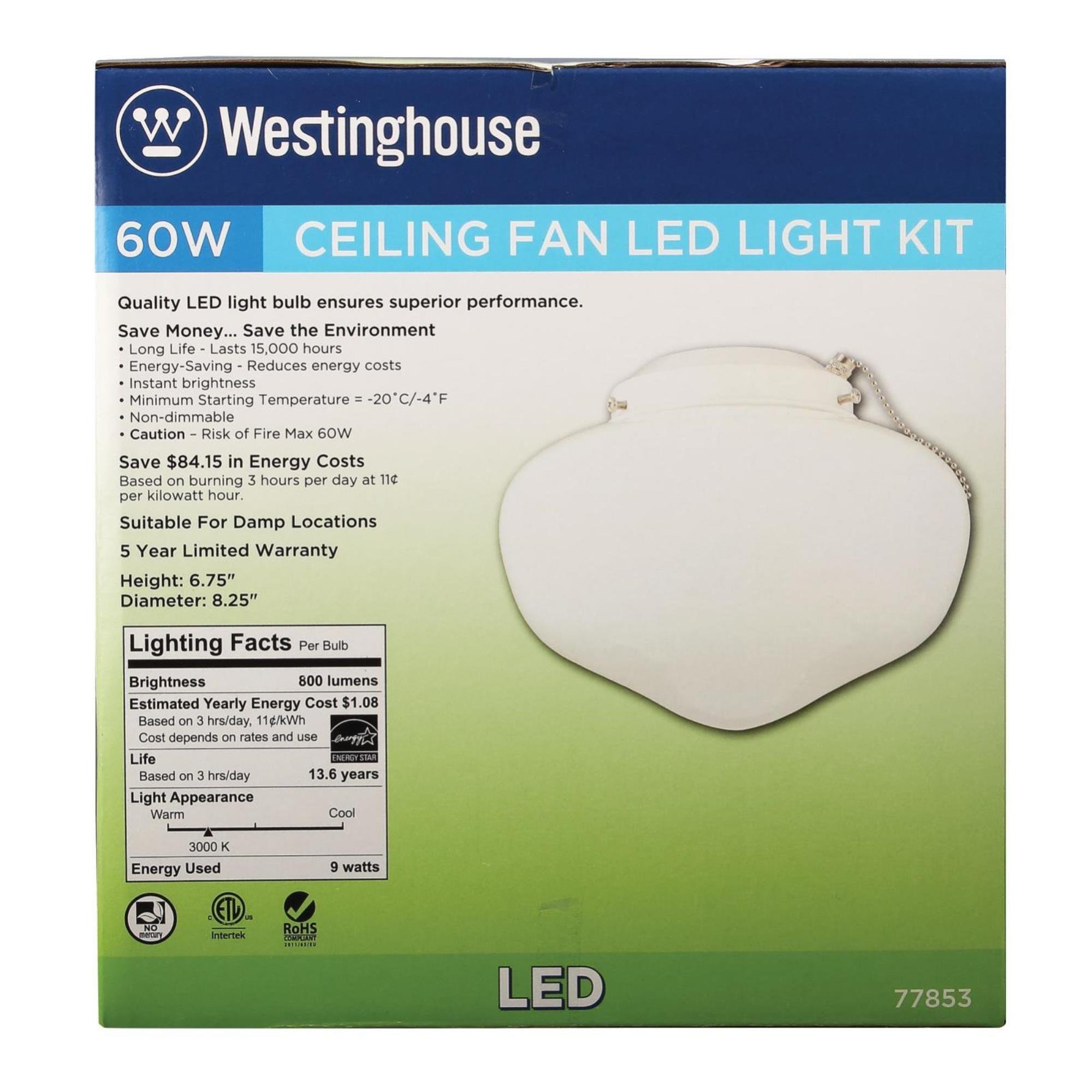 Westinghouse Lighting 7785300 LED Schoolhouse Indoor/Outdoor Ceiling Fan, Light Kit, White
