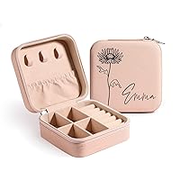 MeMeDIY Personalized Jewelry Box with Name Birth Flower Custom Leather Travel Jewelry Box for Rings/Earrings/Necklaces Jewelry Organizer Box Wedding Bachelorette Party Gifts for Women Mom B1-Pink