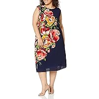London Times Women's Petite Floral Print Placement Blouson Dress with Cap Sleeves, Navy/Coral