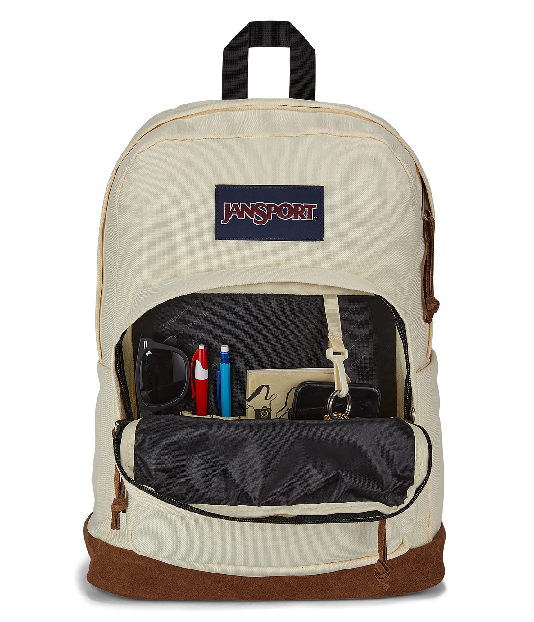 JanSport Right Pack Backpack - Travel, Work, or Laptop Bookbag with Leather Bottom, Coconut