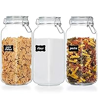 78oz Glass Food Storage Jars with Airtight Clamp Lids, 3 Pack Large Kitchen Canisters for Flour, Cereal, Coffee, Pasta and Canning, Square Mason Jars with 8 Chalkboard Labels