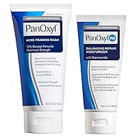 Bundle of PanOxyl Acne Foaming Wash Benzoyl Peroxide 10% Maximum Strength Antimicrobial, 5.5 Oz + PanOxyl PM Balancing Repair Moisturizer with Niacinamide, Ceramides and Cica, 3 oz