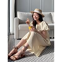 Dresses for Women - Solid Puff Sleeve Tunic Dress (Color : Apricot, Size : Small)