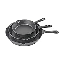 Commercial CHEF 3-Piece Cast Iron Skillet Set – 6 inch, 8 inch, and 10 inch - Pre-seasoned Cast Iron Cookware, Black