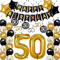50th Birthday Decorations for Men Women, Over The Hill Party Supplies 50th Birthday Balloons Happy Birthday Banner Hanging Swirls for 50th Birthday Anniversary Decorations Black and Gold Party Decor